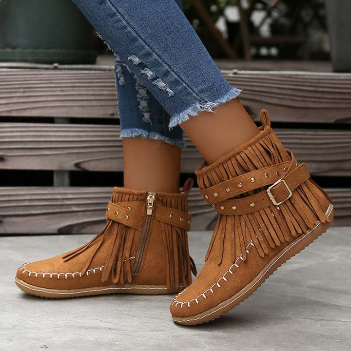 Women's Boho Fringe Studded-Strap Flat Ankle Boots