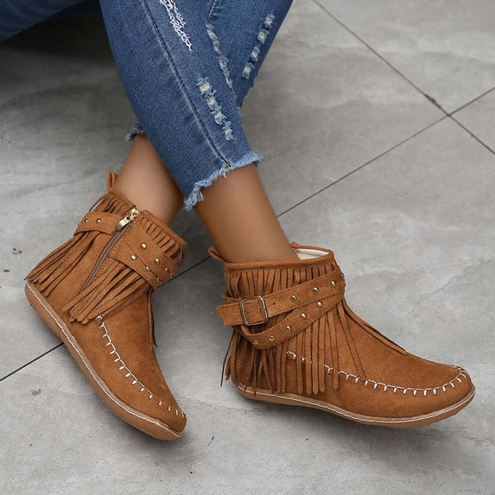 Women's Boho Fringe Studded-Strap Flat Ankle Boots