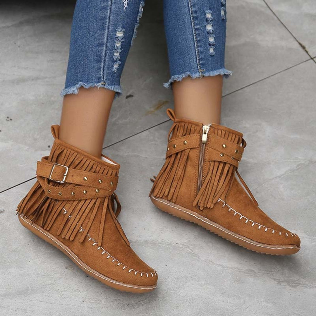 Women's Boho Fringe Studded-Strap Flat Ankle Boots
