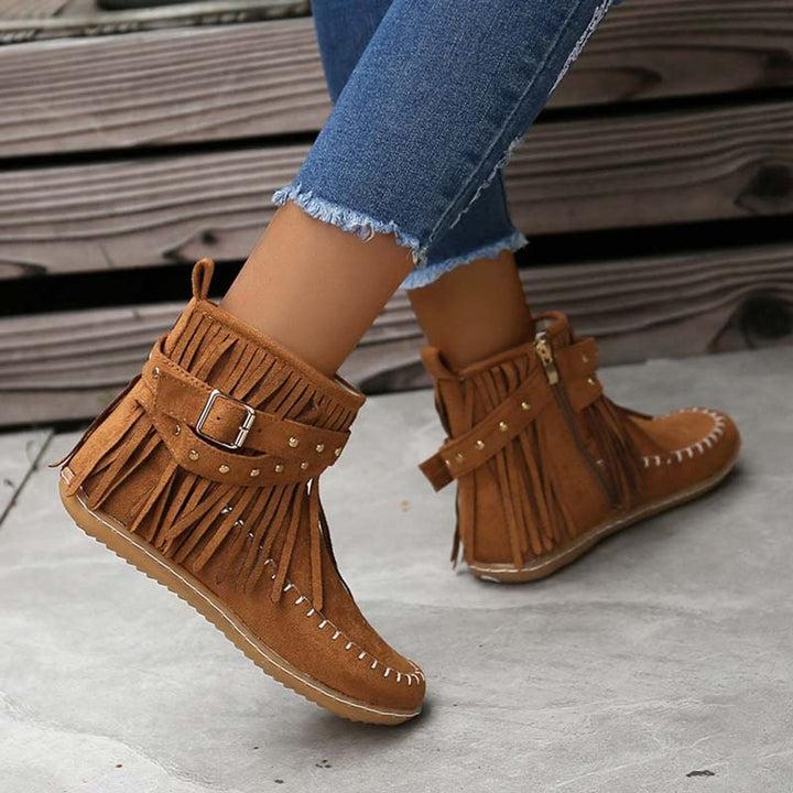Women's Boho Fringe Studded-Strap Flat Ankle Boots