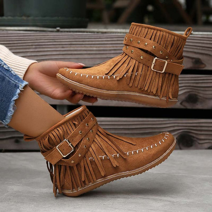 Women's Boho Fringe Studded-Strap Flat Ankle Boots
