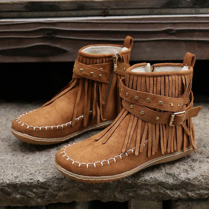 Women's Boho Fringe Studded-Strap Flat Ankle Boots