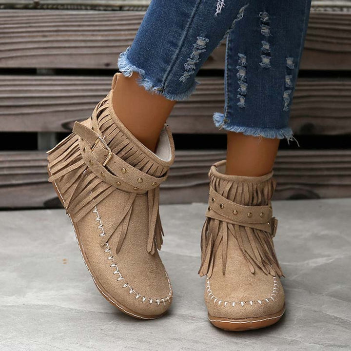 Women's Boho Fringe Studded-Strap Flat Ankle Boots