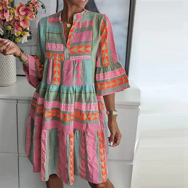 Women's Boho Geometric Print Tiered Fall Midi Dress