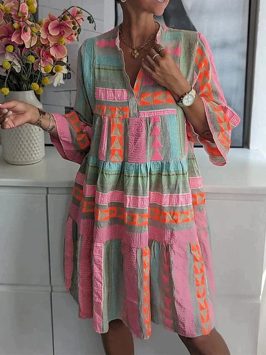 Women's Boho Geometric Print Tiered Fall Midi Dress