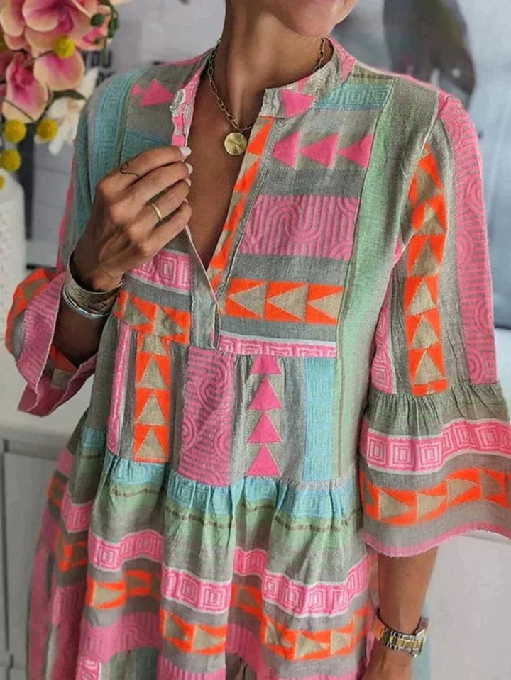 Women's Boho Geometric Print Tiered Fall Midi Dress