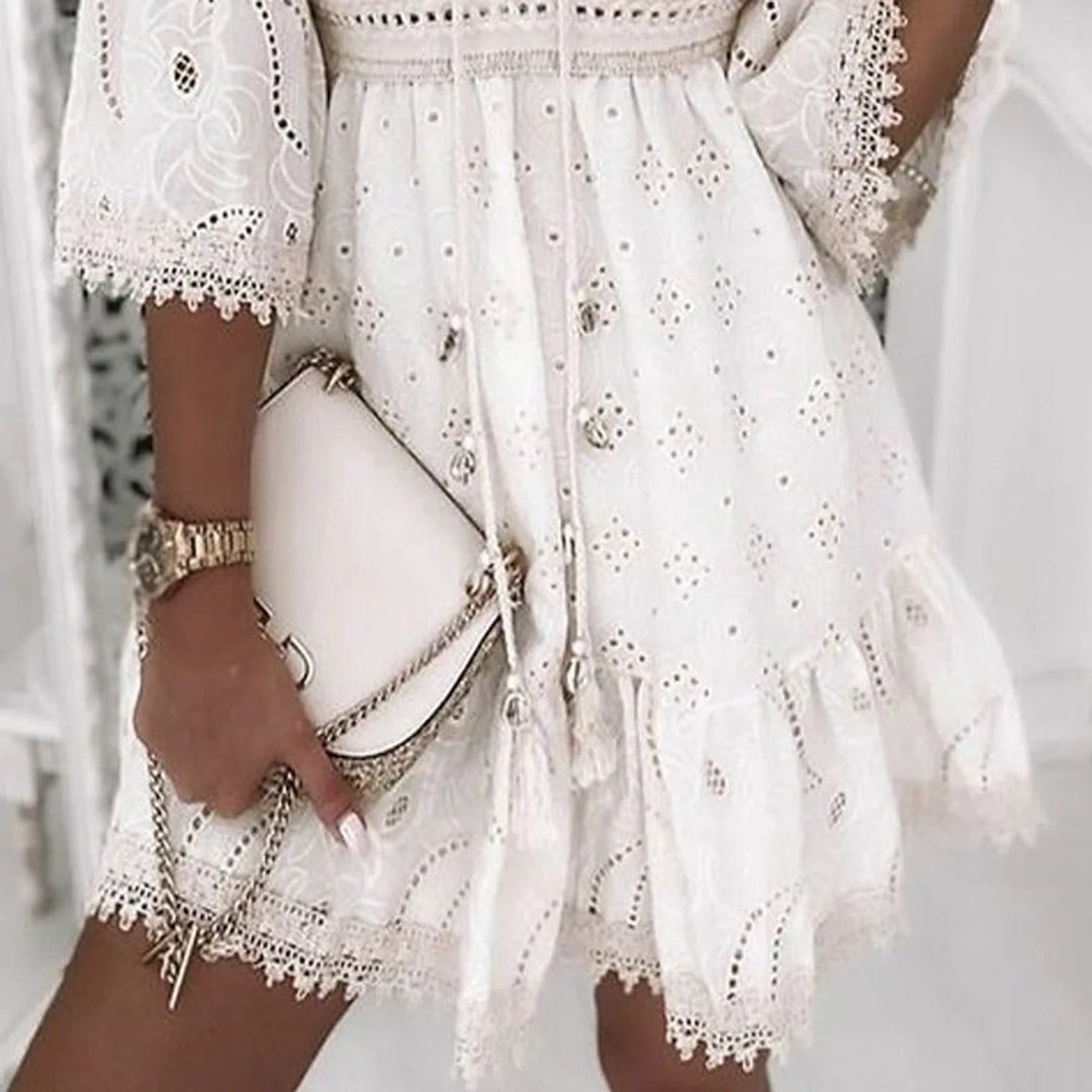 Women's Boho Lace Eyelet Fall Midi Dress Flared Sleeves