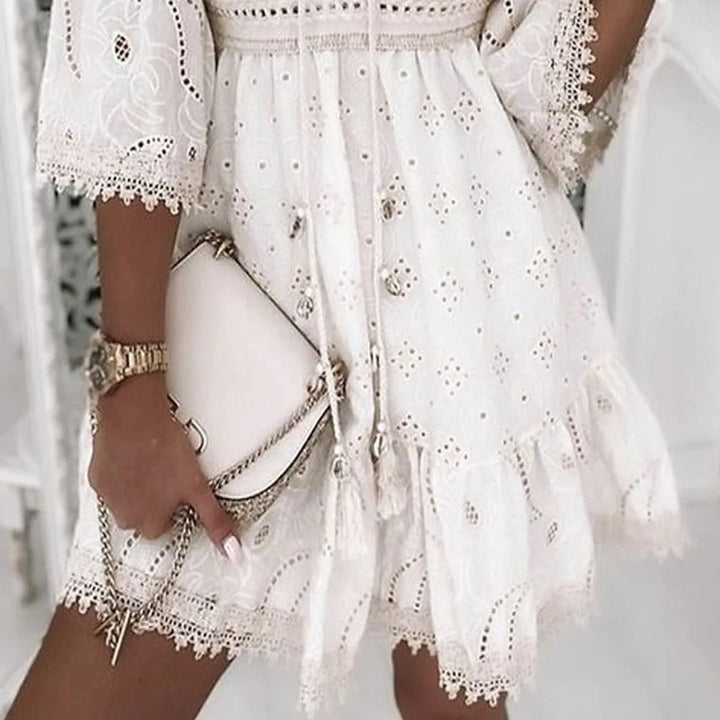 Women's Boho Lace Eyelet Fall Midi Dress Flared Sleeves