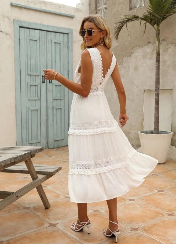Women's Boho Lace Tiered Open-Back Fall Midi Dress