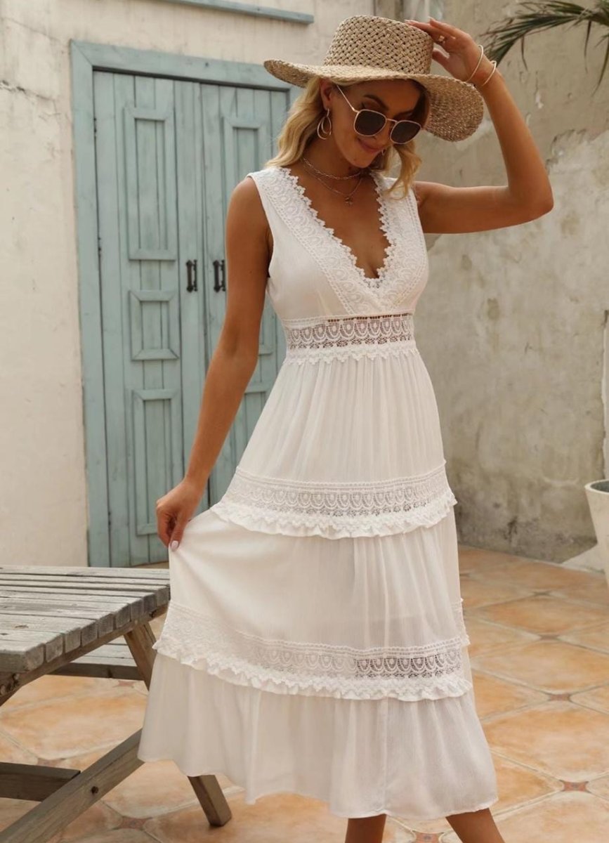 Women's Boho Lace Tiered Open-Back Fall Midi Dress