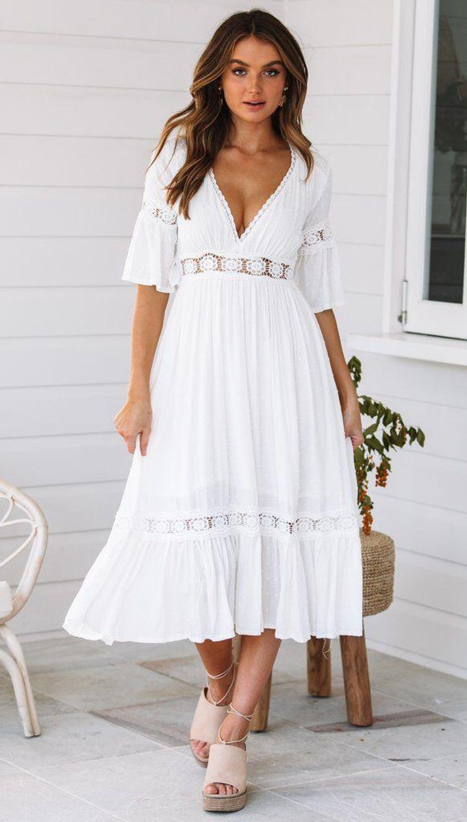Women's Boho Lace-Trim V-Neck Fall Midi Dress