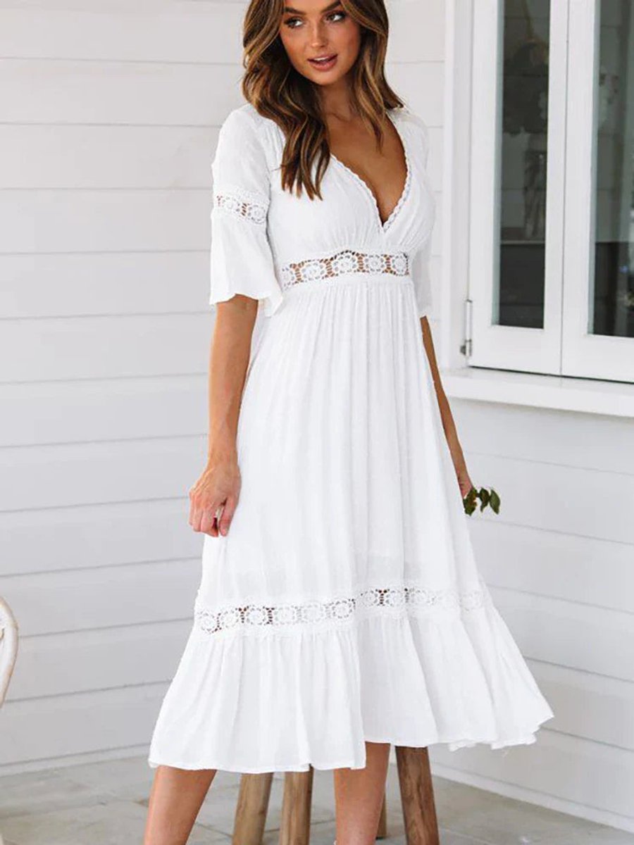 Women's Boho Lace-Trim V-Neck Fall Midi Dress