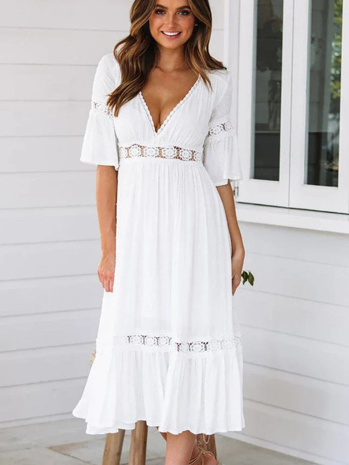 Women's Boho Lace-Trim V-Neck Fall Midi Dress