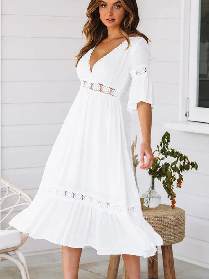 Women's Boho Lace-Trim V-Neck Fall Midi Dress