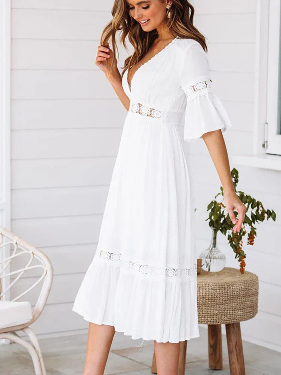 Women's Boho Lace-Trim V-Neck Fall Midi Dress