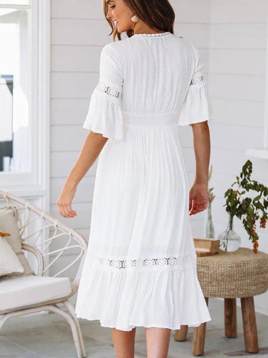 Women's Boho Lace-Trim V-Neck Fall Midi Dress