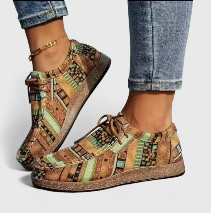 Women's Boho Lace-Up Orthopedic Comfort Sneakers - Khaki