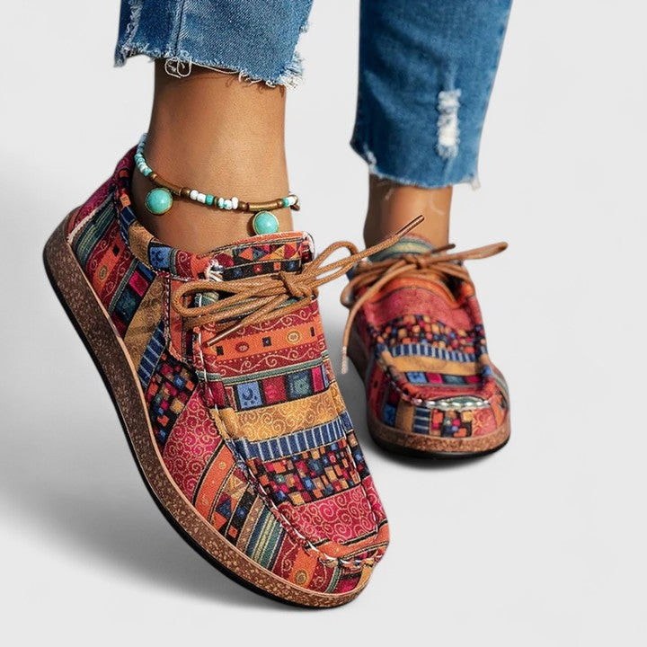 Women's Boho Lace-Up Orthopedic Comfort Sneakers - Red