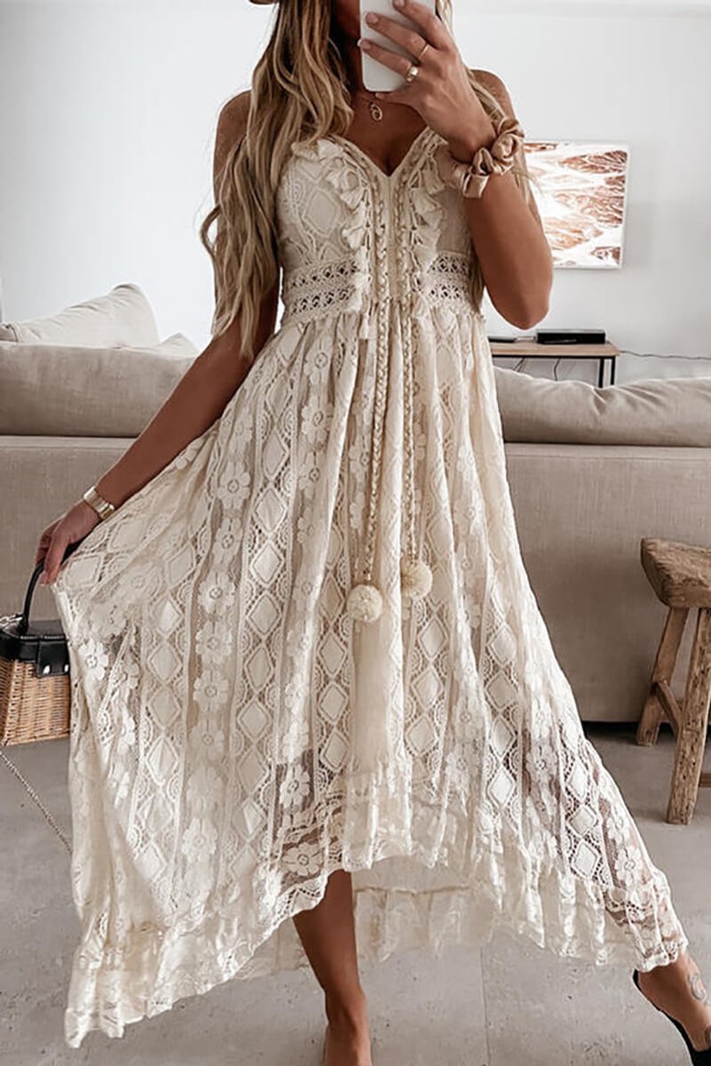 Women's Boho Lace V-Neck Fall Midi Dress Flowy A-Line