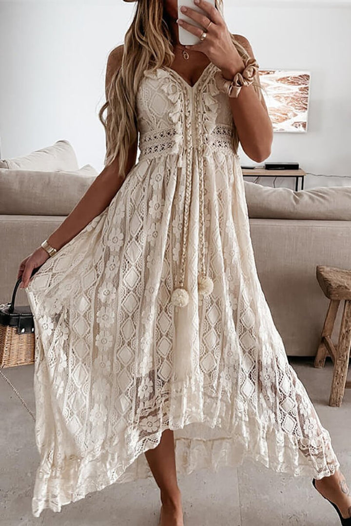 Women's Boho Lace V-Neck Fall Midi Dress Flowy A-Line