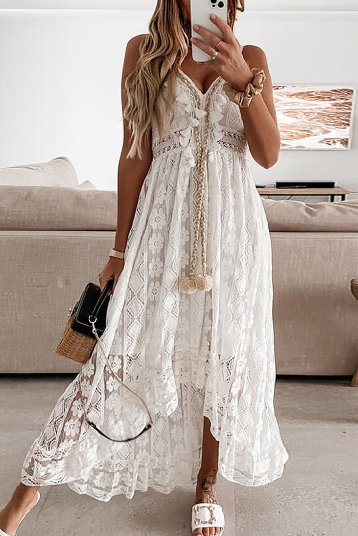 Women's Boho Lace V-Neck Fall Midi Dress Flowy A-Line