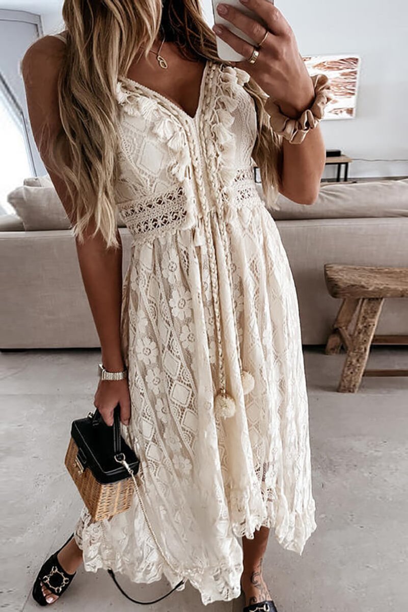 Women's Boho Lace V-Neck Fall Midi Dress Flowy A-Line