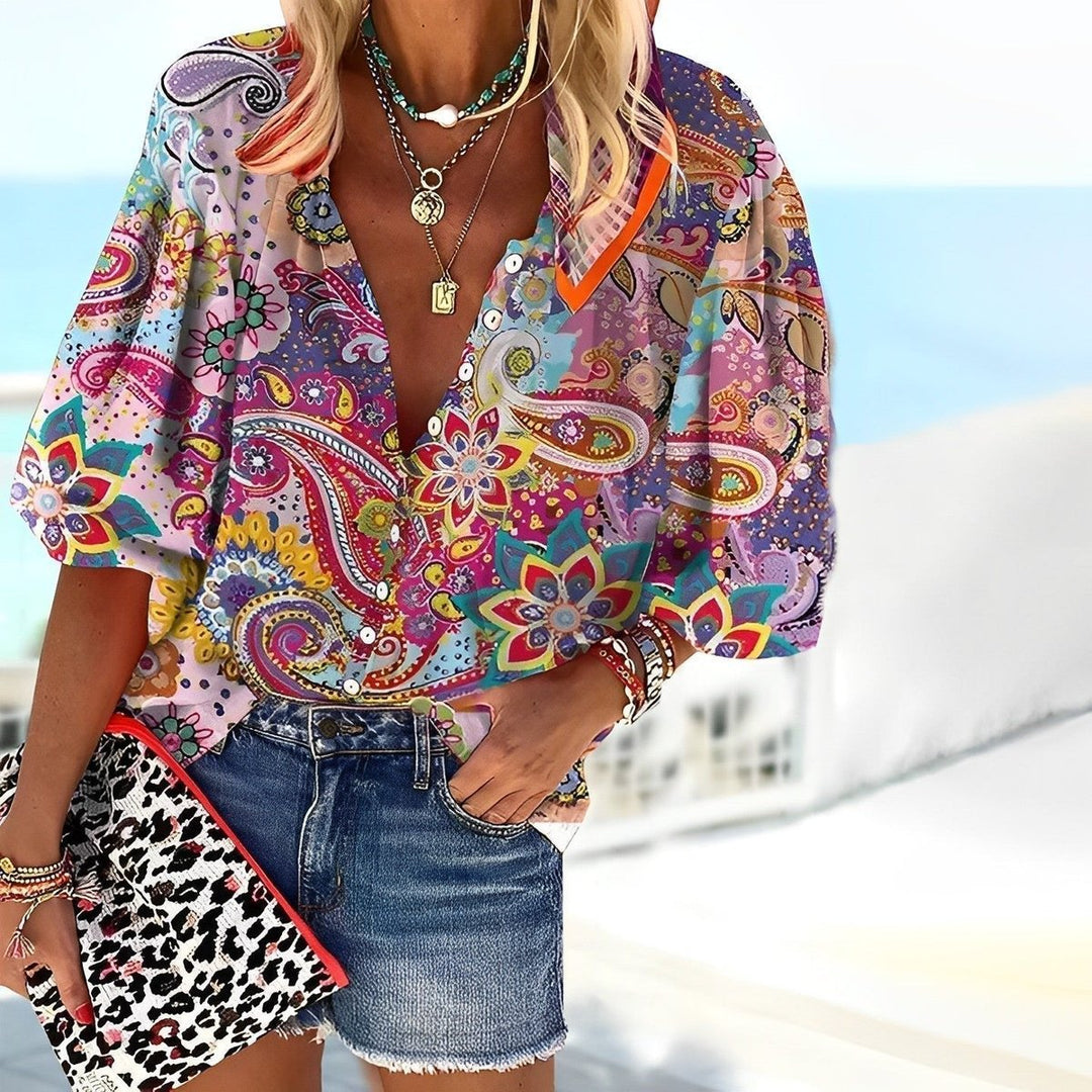 Women's Boho Paisley Print Deep V-Neck Button-Front Blouse