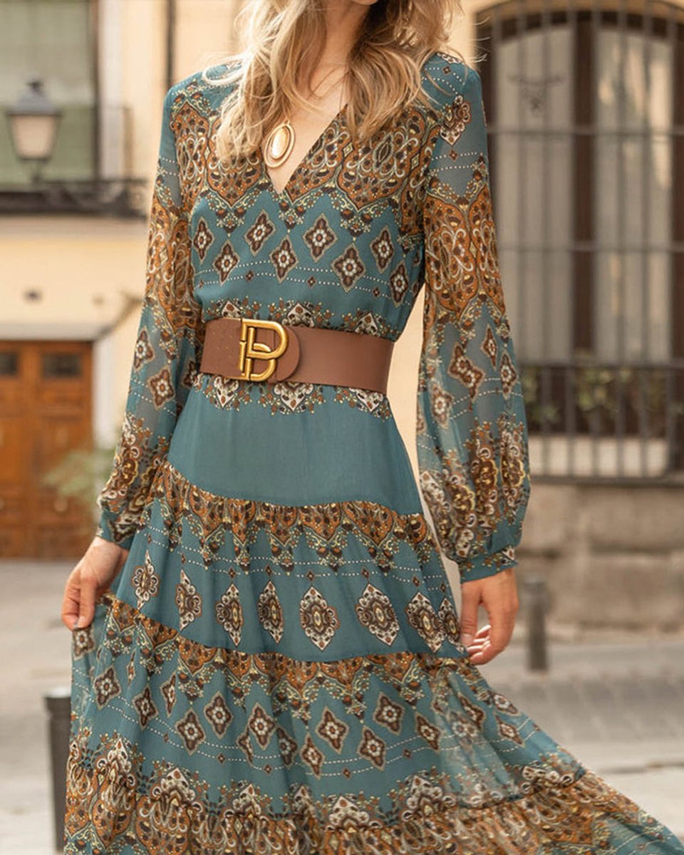 Women's Boho Paisley Print Long Sleeve Fall Midi Dress V-Neck A-Line