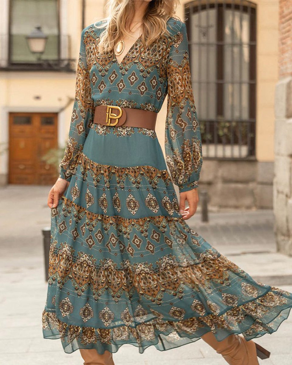 Women's Boho Paisley Print Long Sleeve Fall Midi Dress V-Neck A-Line