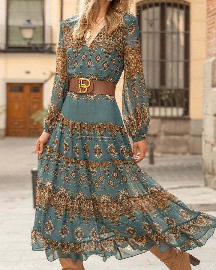 Women's Boho Paisley Print Long Sleeve Fall Midi Dress V-Neck A-Line