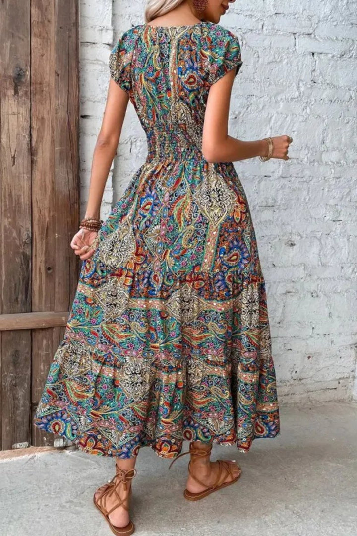 Women's Boho Paisley Print Smocked-Waist Fall Midi Dress