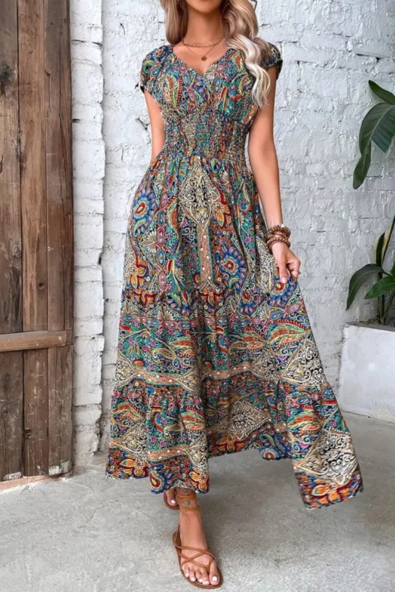 Women's Boho Paisley Print Smocked-Waist Fall Midi Dress