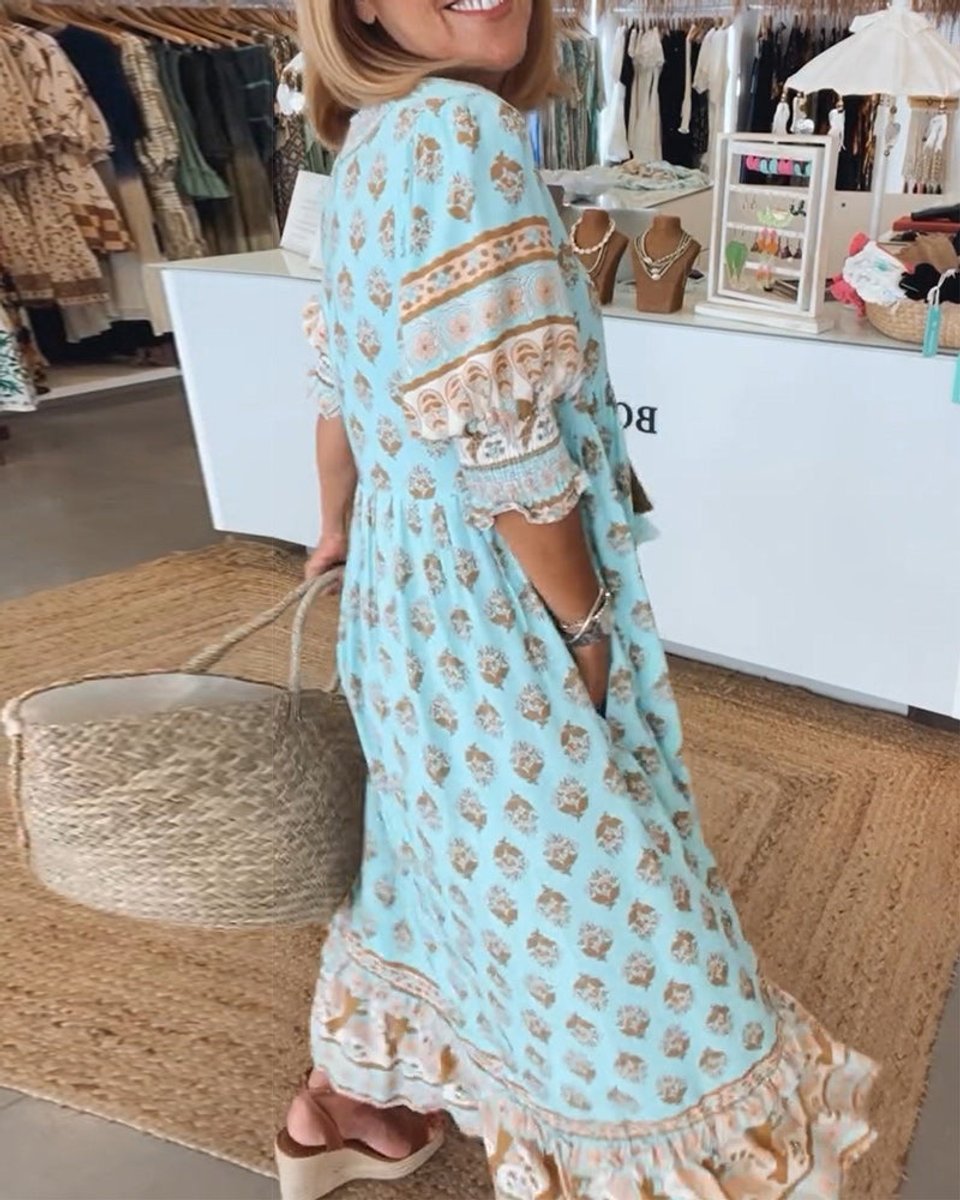 Women's Boho Printed V-Neck Puff Sleeve Fall Midi Dress