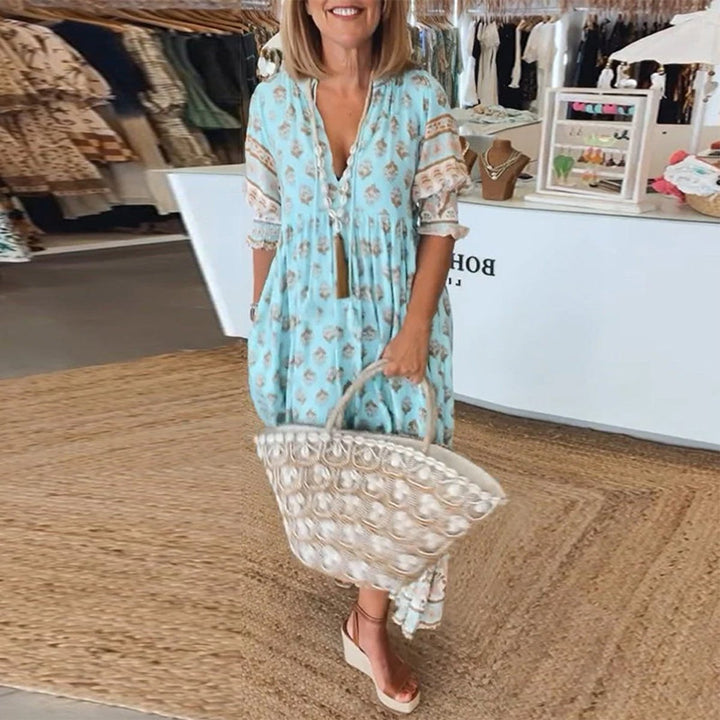 Women's Boho Printed V-Neck Puff Sleeve Fall Midi Dress