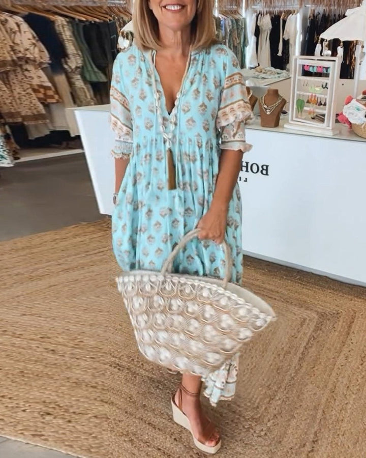 Women's Boho Printed V-Neck Puff Sleeve Fall Midi Dress