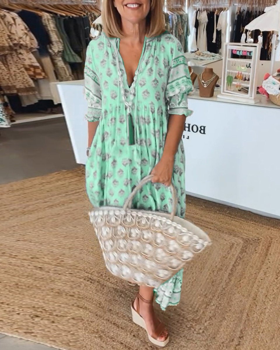 Women's Boho Printed V-Neck Puff Sleeve Fall Midi Dress