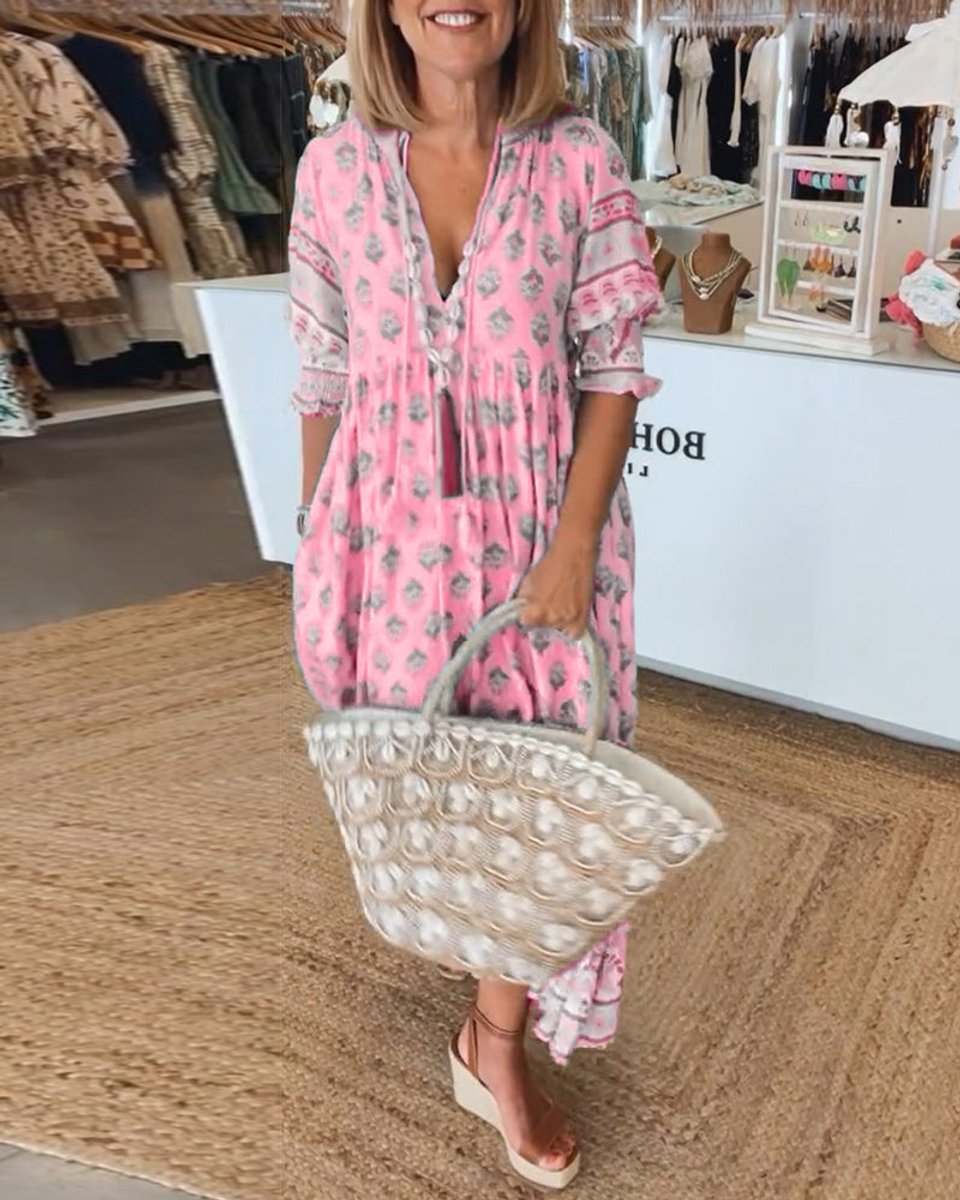 Women's Boho Printed V-Neck Puff Sleeve Fall Midi Dress