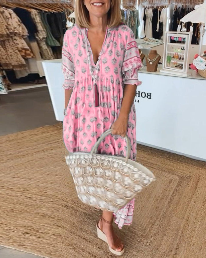 Women's Boho Printed V-Neck Puff Sleeve Fall Midi Dress