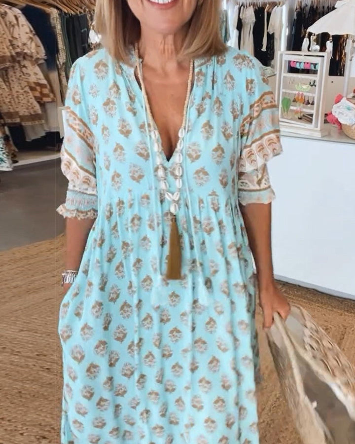 Women's Boho Printed V-Neck Puff Sleeve Fall Midi Dress