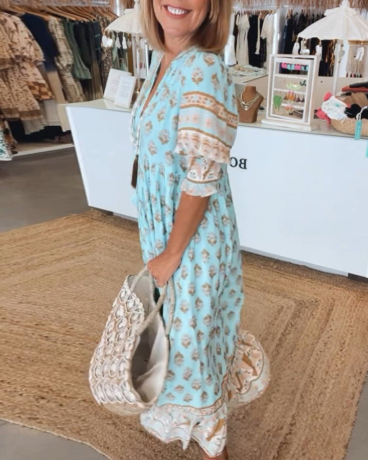 Women's Boho Printed V-Neck Puff Sleeve Fall Midi Dress