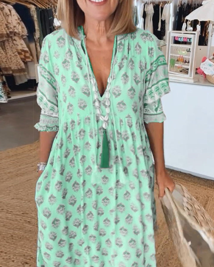Women's Boho Printed V-Neck Puff Sleeve Fall Midi Dress