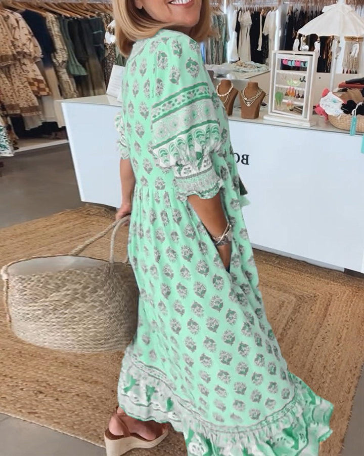 Women's Boho Printed V-Neck Puff Sleeve Fall Midi Dress