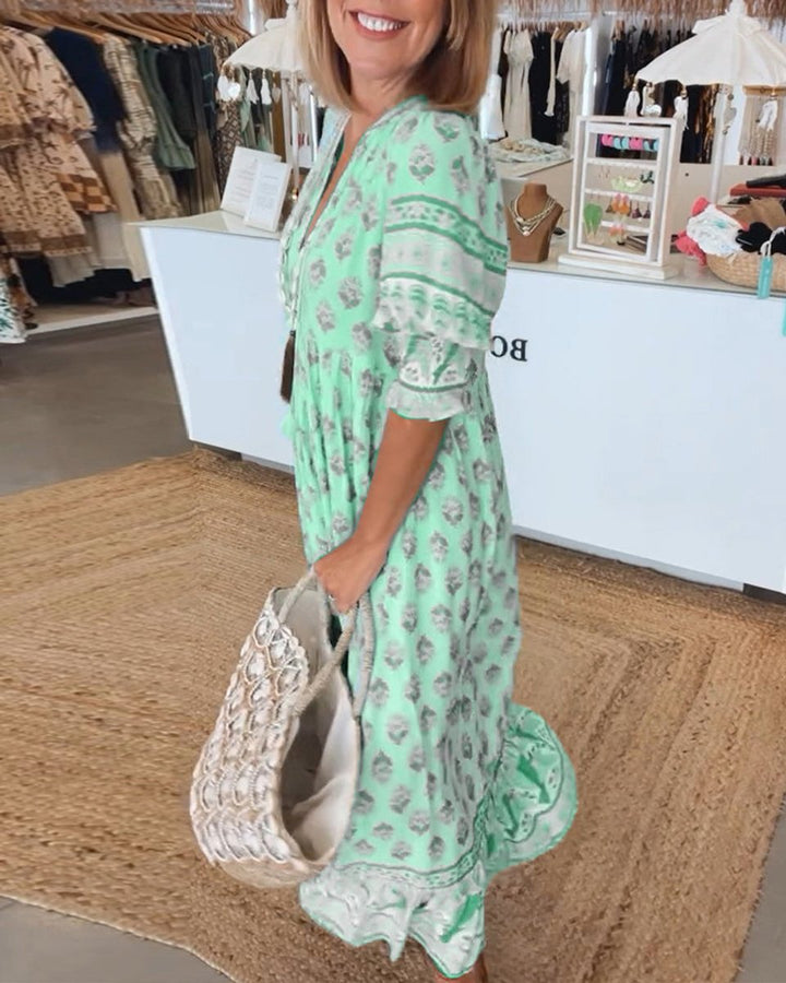 Women's Boho Printed V-Neck Puff Sleeve Fall Midi Dress