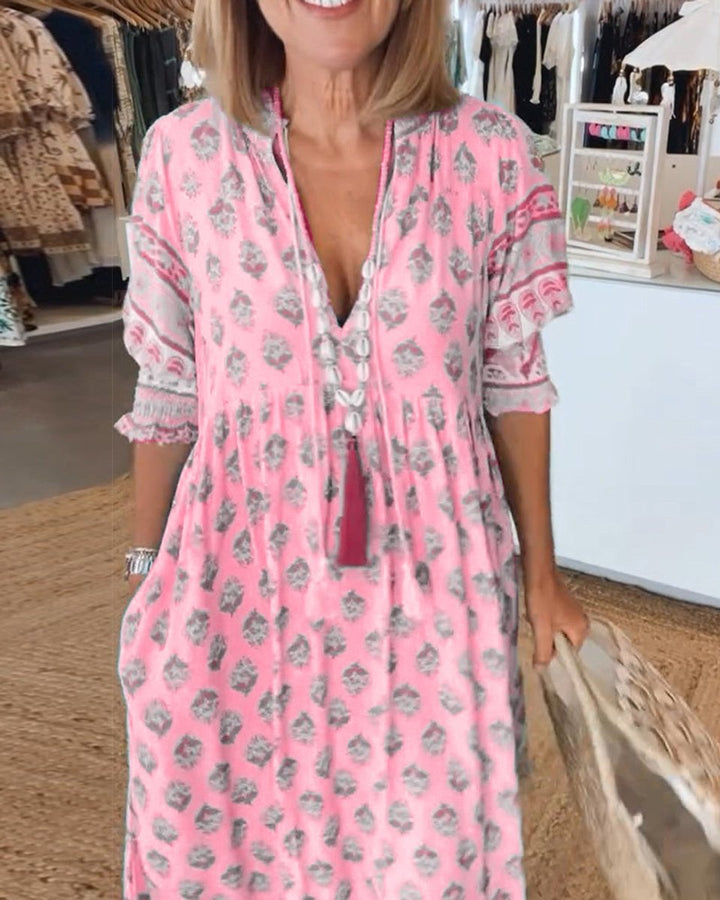 Women's Boho Printed V-Neck Puff Sleeve Fall Midi Dress