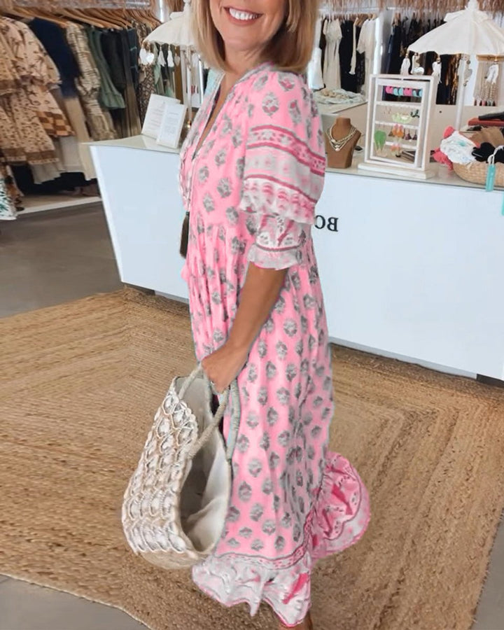 Women's Boho Printed V-Neck Puff Sleeve Fall Midi Dress