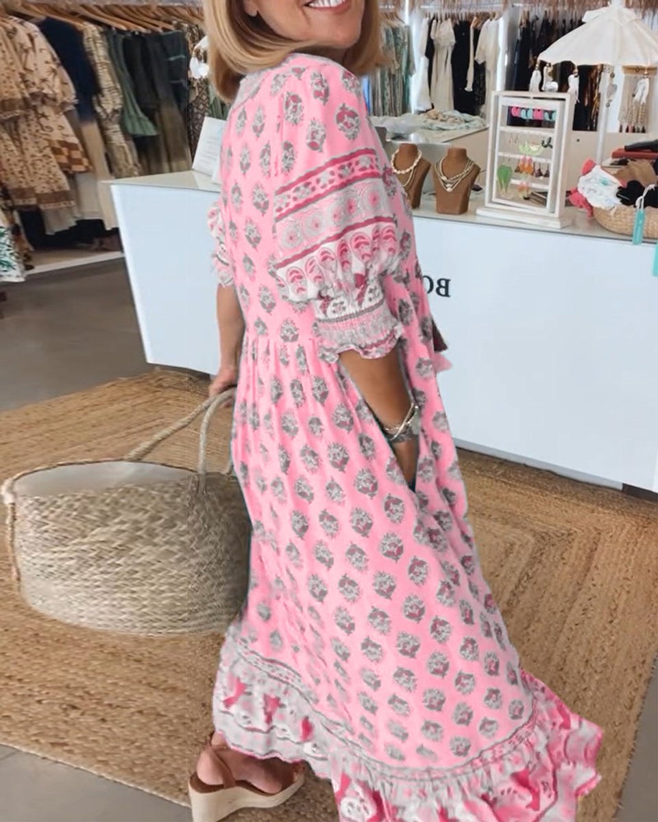 Women's Boho Printed V-Neck Puff Sleeve Fall Midi Dress