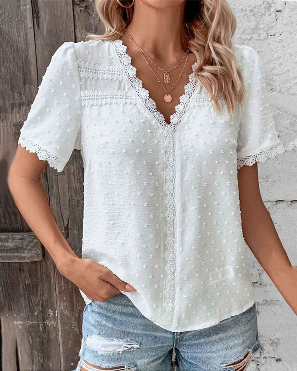 Women's Boho Swiss Dot Lace-Trim V-Neck Short Puff Sleeve Blouse