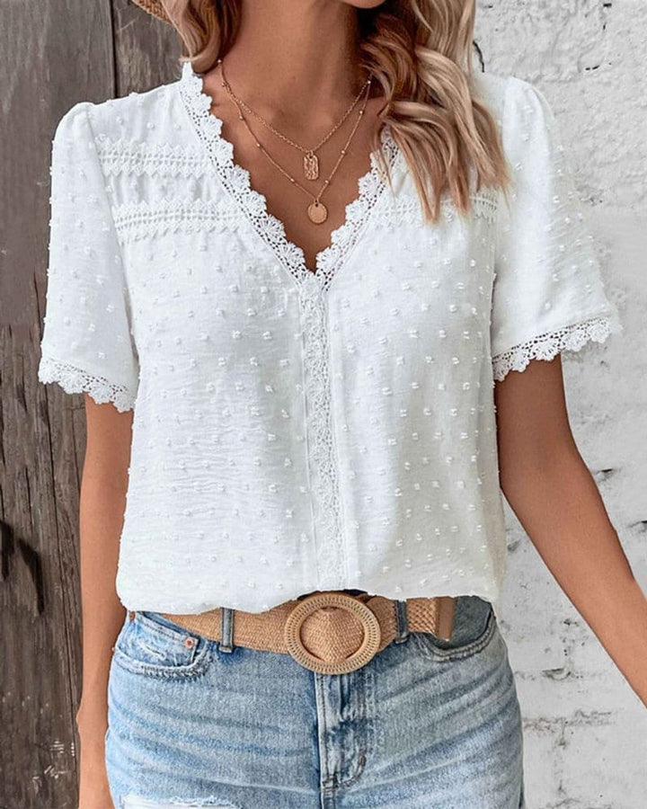 Women's Boho Swiss Dot Lace-Trim V-Neck Short Puff Sleeve Blouse