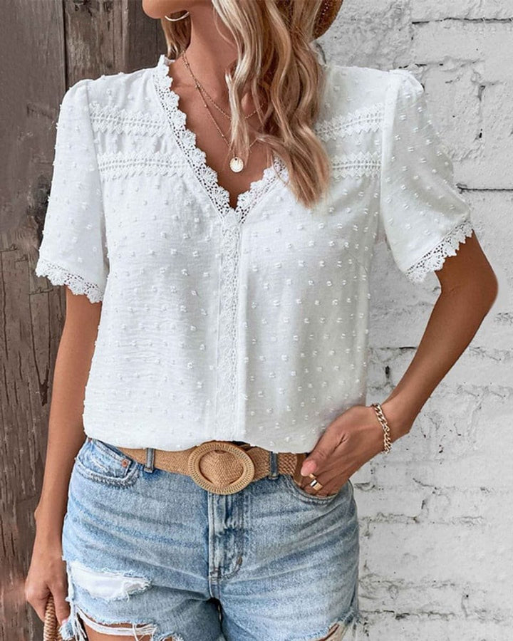 Women's Boho Swiss Dot Lace-Trim V-Neck Short Puff Sleeve Blouse