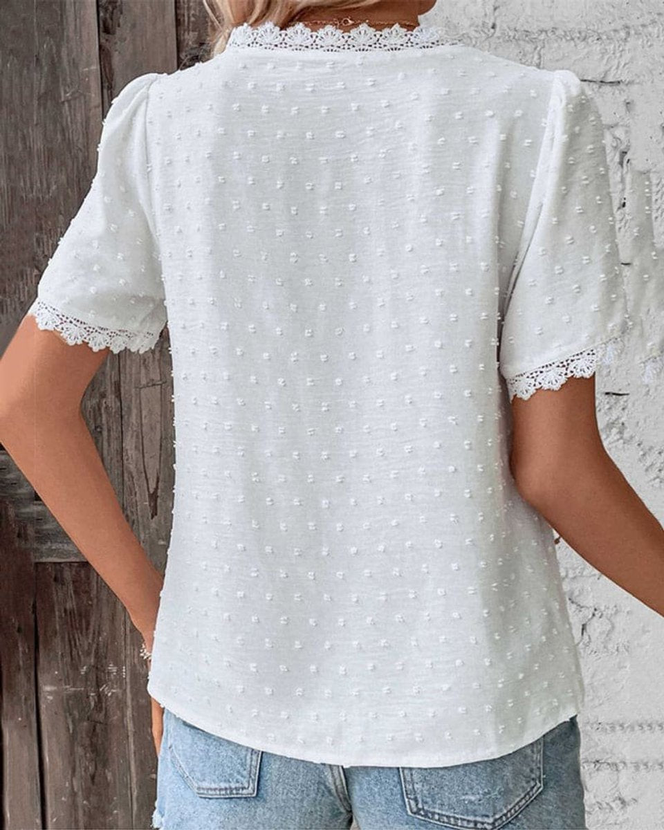 Women's Boho Swiss Dot Lace-Trim V-Neck Short Puff Sleeve Blouse